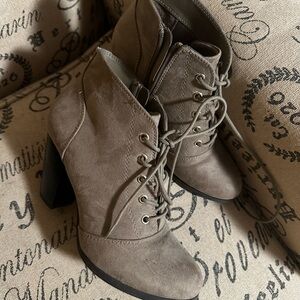 Call It Spring Lace-Up Heeled Boots in Taupe